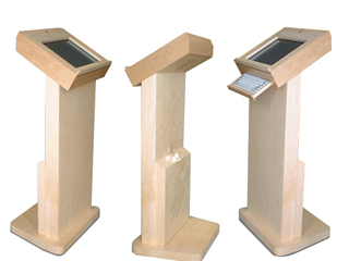 The Lectern Kiosk unit is designed for use at public events, such as conferences and presentations. The unit has an in-built Video amplifier to allow connection with an Overhead Projector for larger audiences.